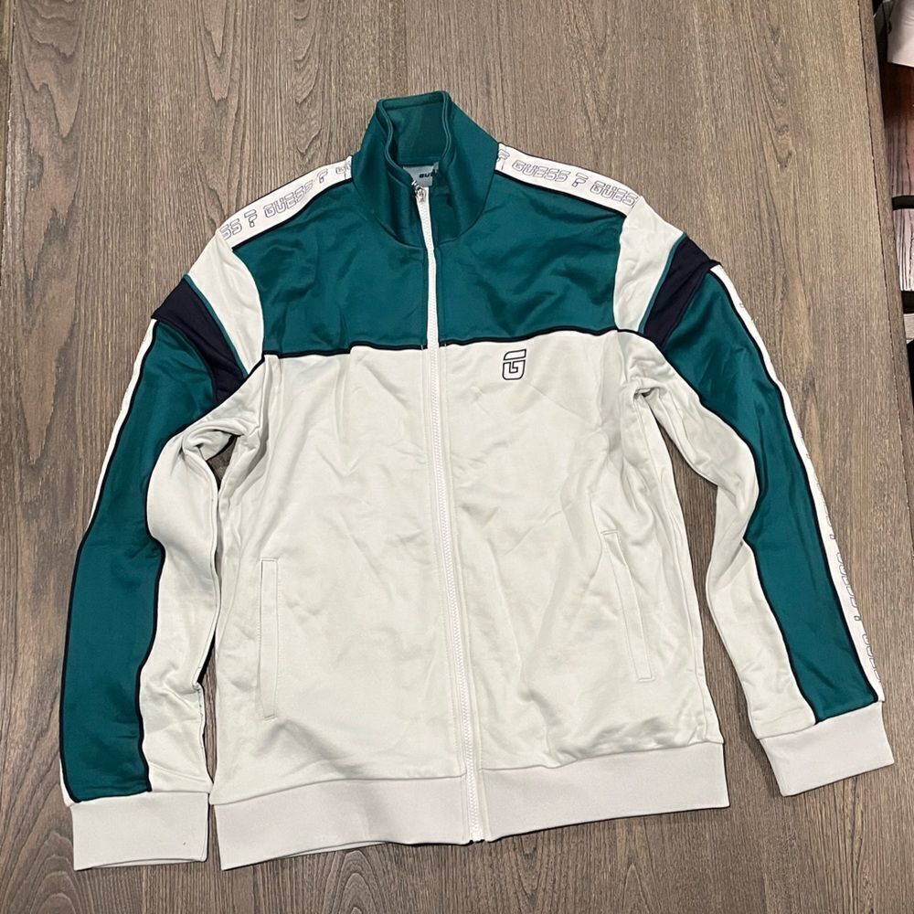 NWOT Guess Mens Green White Zip Up Track Jacket Size L